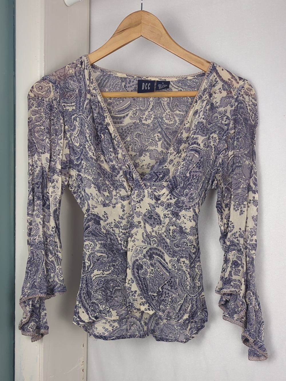 DCC Women's Boho Top Lavender Blue Paisley Wrap V-Neck Blouse